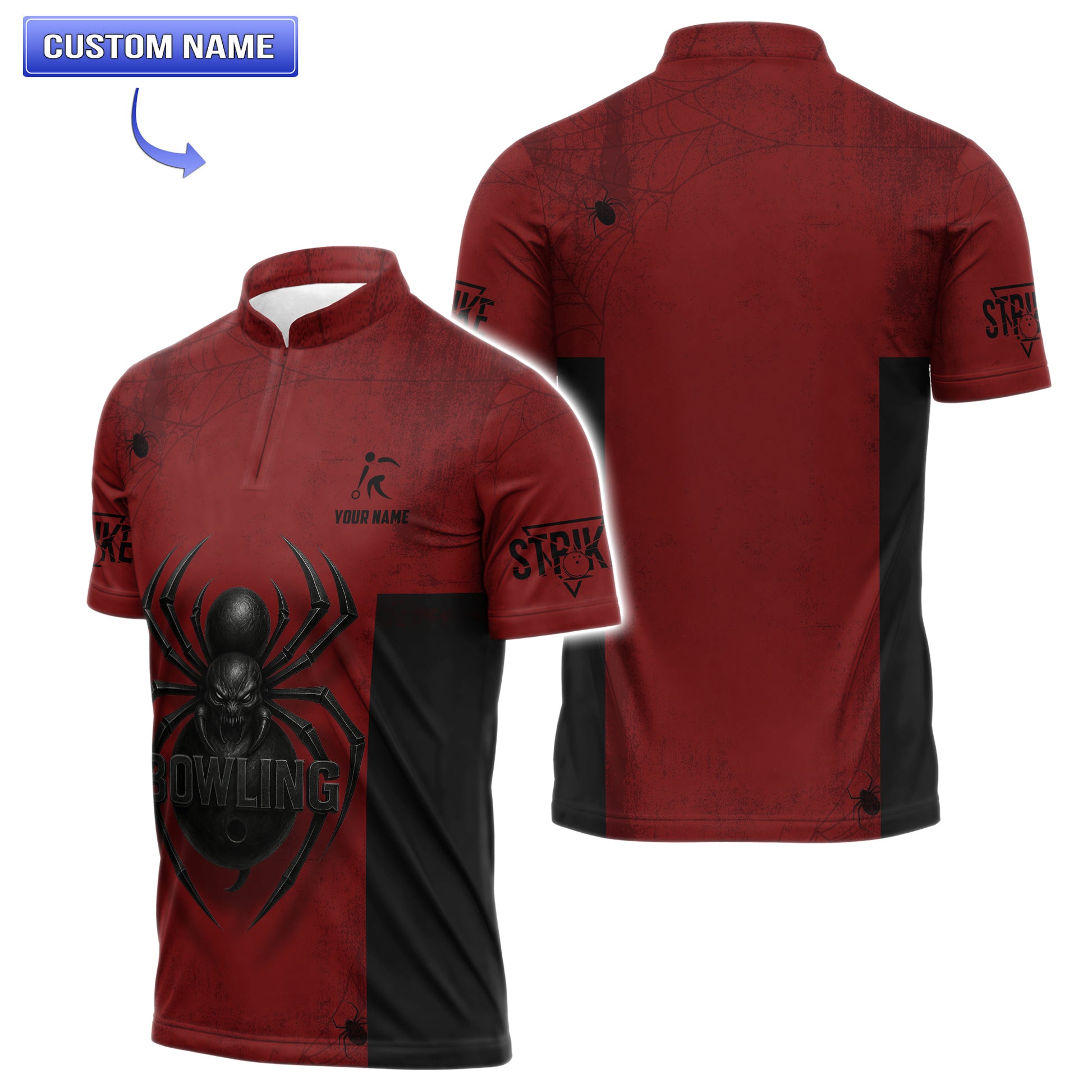 Custom Spider Bowling Jersey Men showing both front and back views with personalized name.