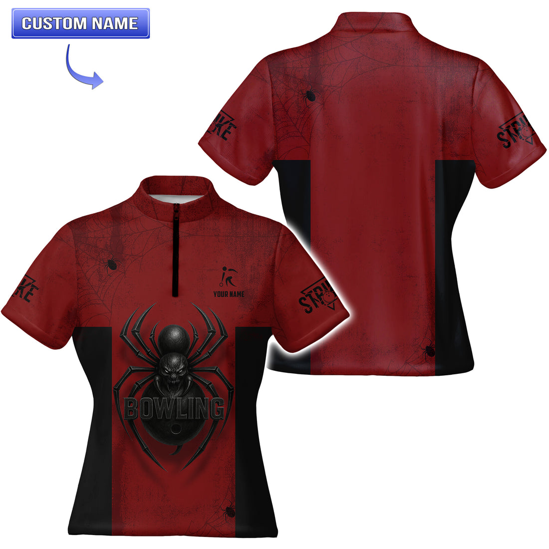Custom Spider Bowling Jersey Men showing both front and back views with personalized name.