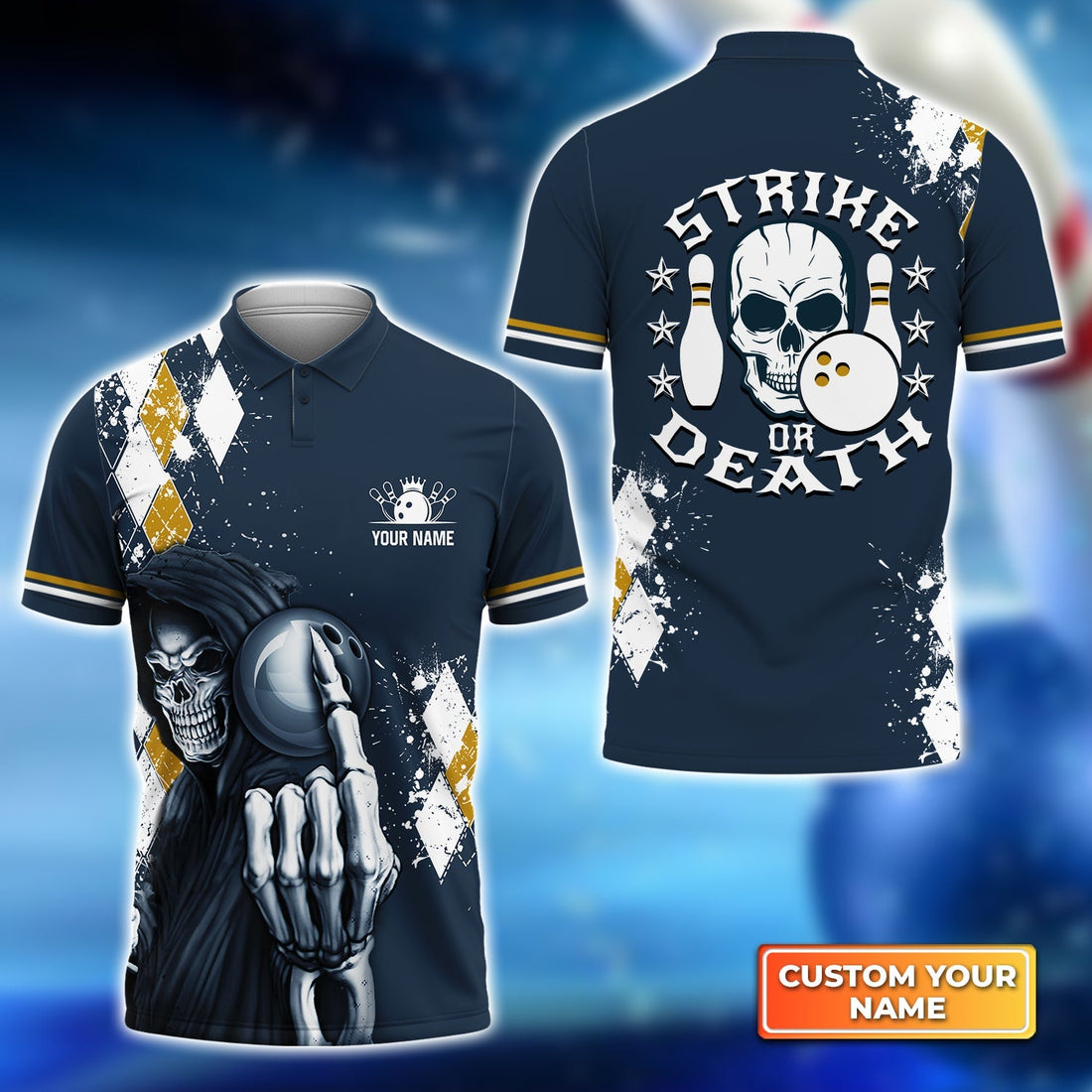 Front and back view of a navy bowling shirt featuring a grim reaper with bowling ball on the front and skull graphic with text “Strike or Death” on the back, customizable with name.
