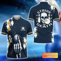 Front and back view of a navy bowling shirt featuring a grim reaper with bowling ball on the front and skull graphic with text “Strike or Death” on the back, customizable with name.
