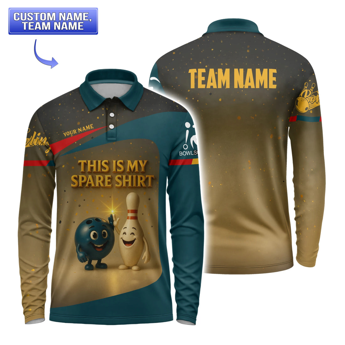 Front-and-back view of a teal & gold “This Is My Spare Shirt” bowling polo shirt with smiling pin & ball graphics and customizable team name