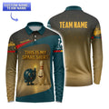 Customizable bowling polo shirt in teal and bronze featuring “This Is My Spare Shirt” slogan and team name on back
