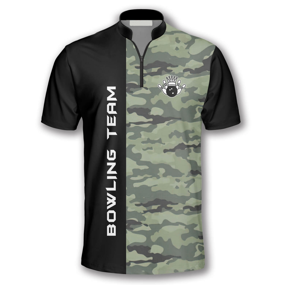 Front and back views of bowling polo shirt featuring customizable camouflage and black sections with team name and individual's name.