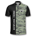 Front view of bowling shirt showing vertical text 