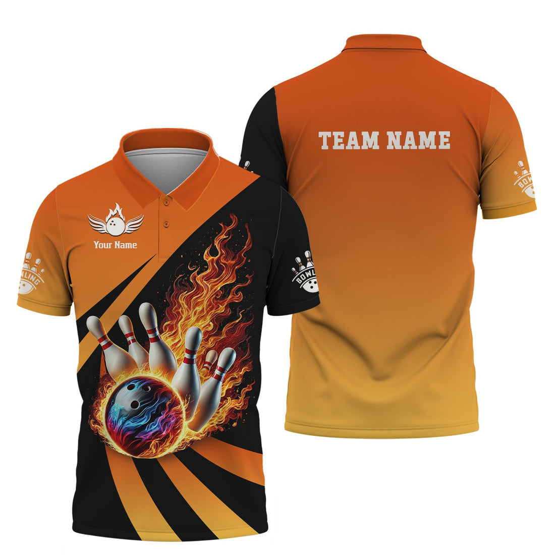 Front and back of a bowling shirt featuring a flaming bowling ball striking pins, customizable with player name and team name in bold orange and black design