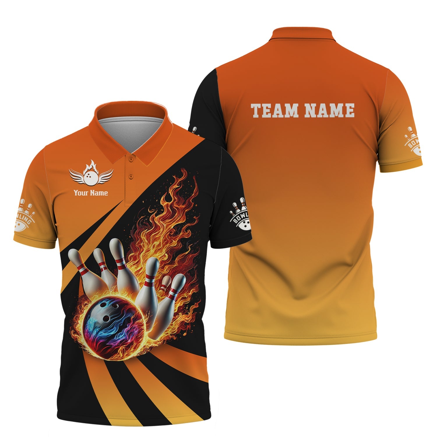 Front and back of a bowling shirt featuring a flaming bowling ball striking pins, customizable with player name and team name in bold orange and black design