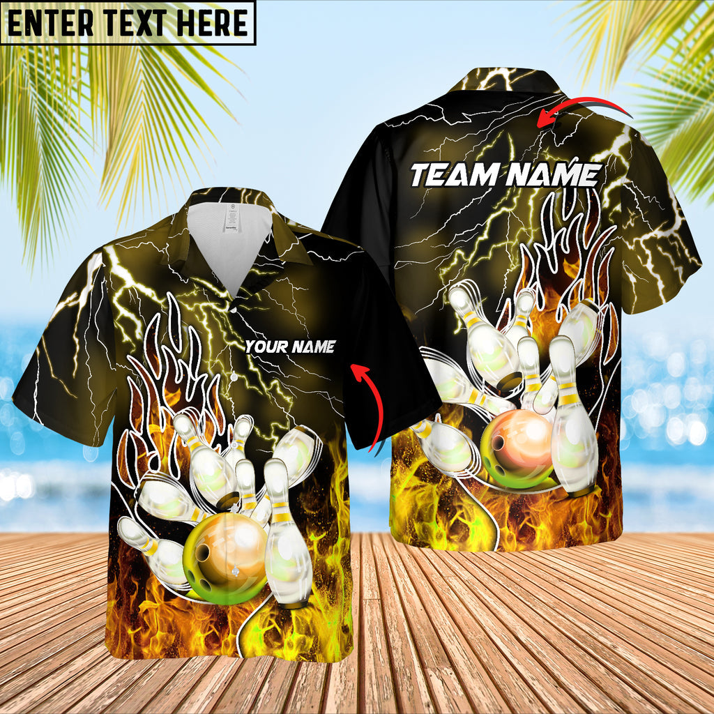 Front and back of a Hawaiian bowling shirt with fiery orange bowling ball, flame graphics, and customizable name and team name.