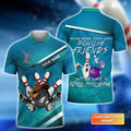 Front and back view of a teal bowling shirt with custom name, featuring cartoon bowling ball and pins, and the quote “We’re more than just bowling friends – we’re like a really small gang