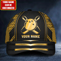 Front view of a black custom bowling cap with a neon gold bowling ball and pins design, personalized with your name