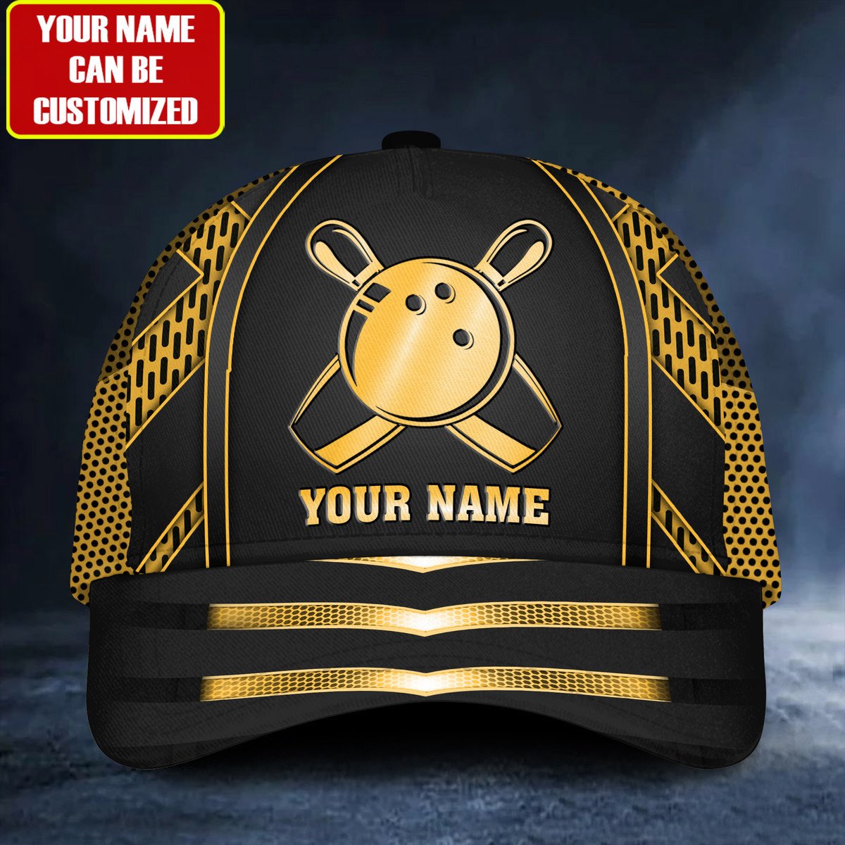 Front view of a black custom bowling cap with a neon gold bowling ball and pins design, personalized with your name