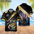 Black and gold bowling team shirt with lightning ball and pins, customizable with name and team.