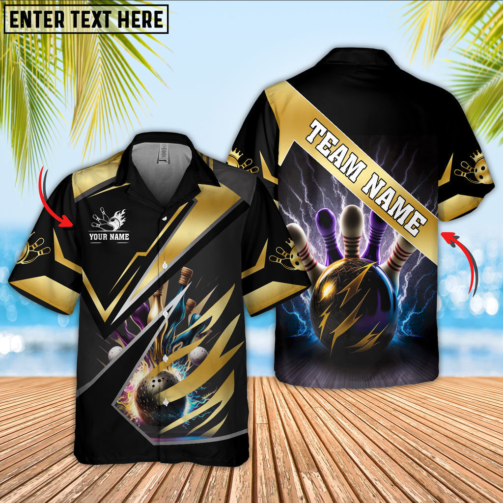 Black and gold bowling team shirt with lightning ball and pins, customizable with name and team.