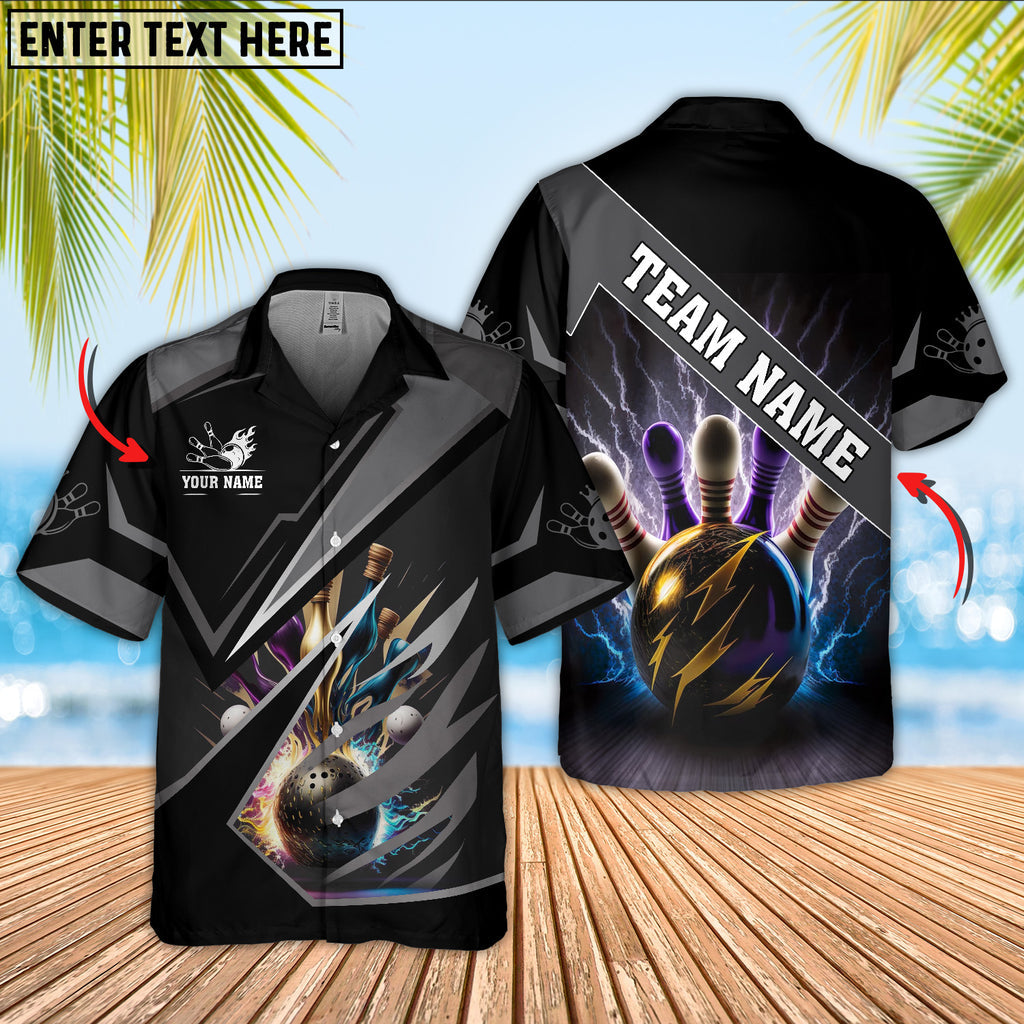 Gray-highlighted custom bowling shirt with powerful lightning strike design and text customization options.