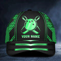 Front view of a black custom bowling cap with a neon green bowling ball and pins design, personalized with your name