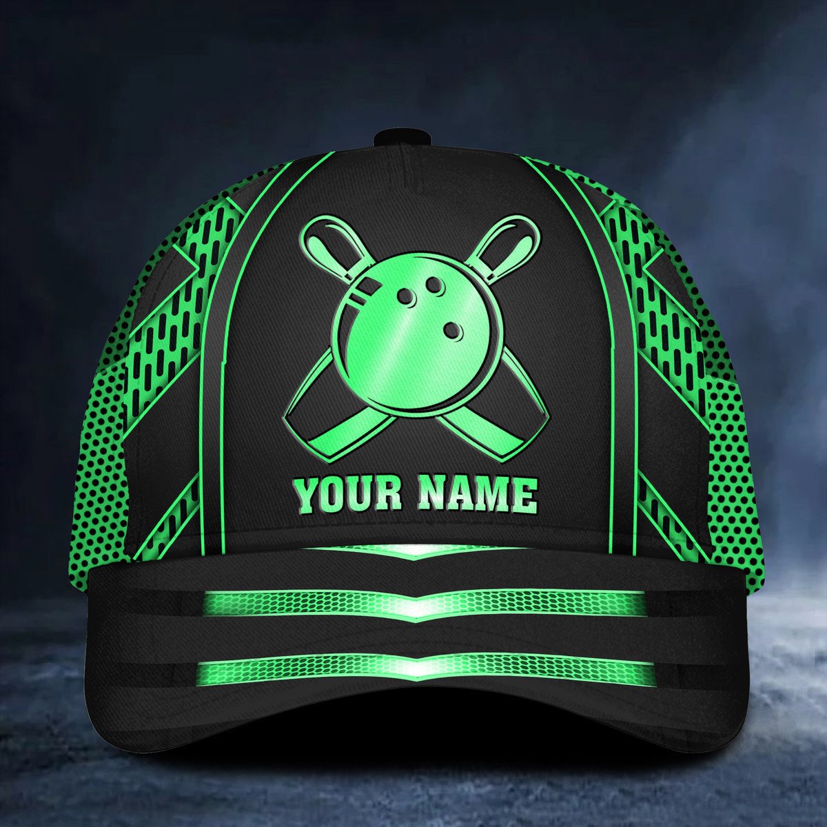 Front view of a black custom bowling cap with a neon green bowling ball and pins design, personalized with your name