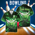 Green lightning-inspired bowling shirt featuring a powerful strike design with pins and editable name/team fields.