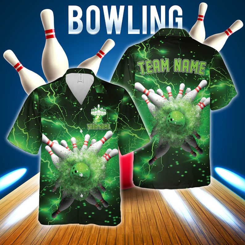 Green lightning-inspired bowling shirt featuring a powerful strike design with pins and editable name/team fields.
