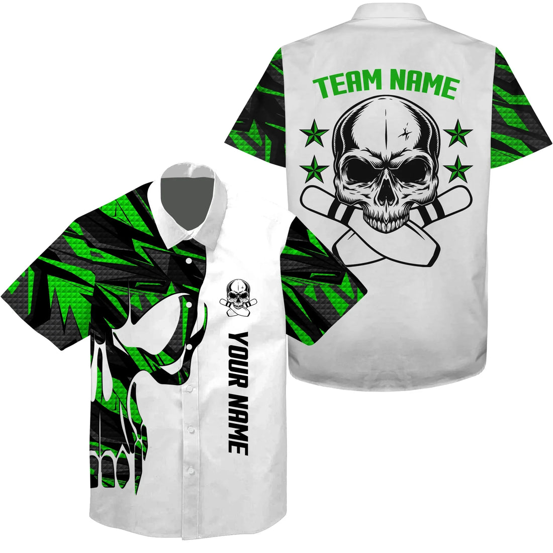 Front and back of a custom white and green bowling shirt featuring skull and pin graphics, tribal sleeves, and editable name and team name sections.