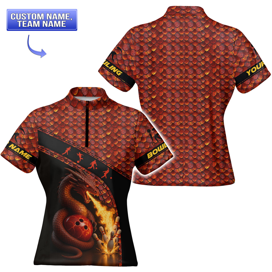 Custom dragon bowling jersey for men with red scale pattern and fire-breathing design