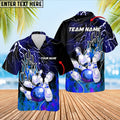 Blue-themed Hawaiian bowling shirt with electric bolts and a blue ball hitting pins, customizable with player and team name.