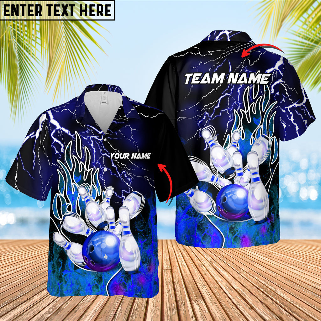 Blue-themed Hawaiian bowling shirt with electric bolts and a blue ball hitting pins, customizable with player and team name.