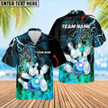Cyan lightning Hawaiian shirt featuring bowling pins and ball with custom name and team name fields.