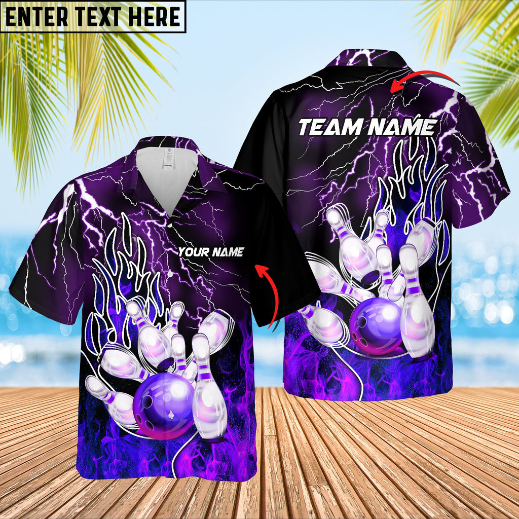urple lightning strike Hawaiian bowling shirt featuring a bowling ball and pins, custom name and team name area included.