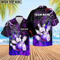 urple lightning strike Hawaiian bowling shirt featuring a bowling ball and pins, custom name and team name area included.