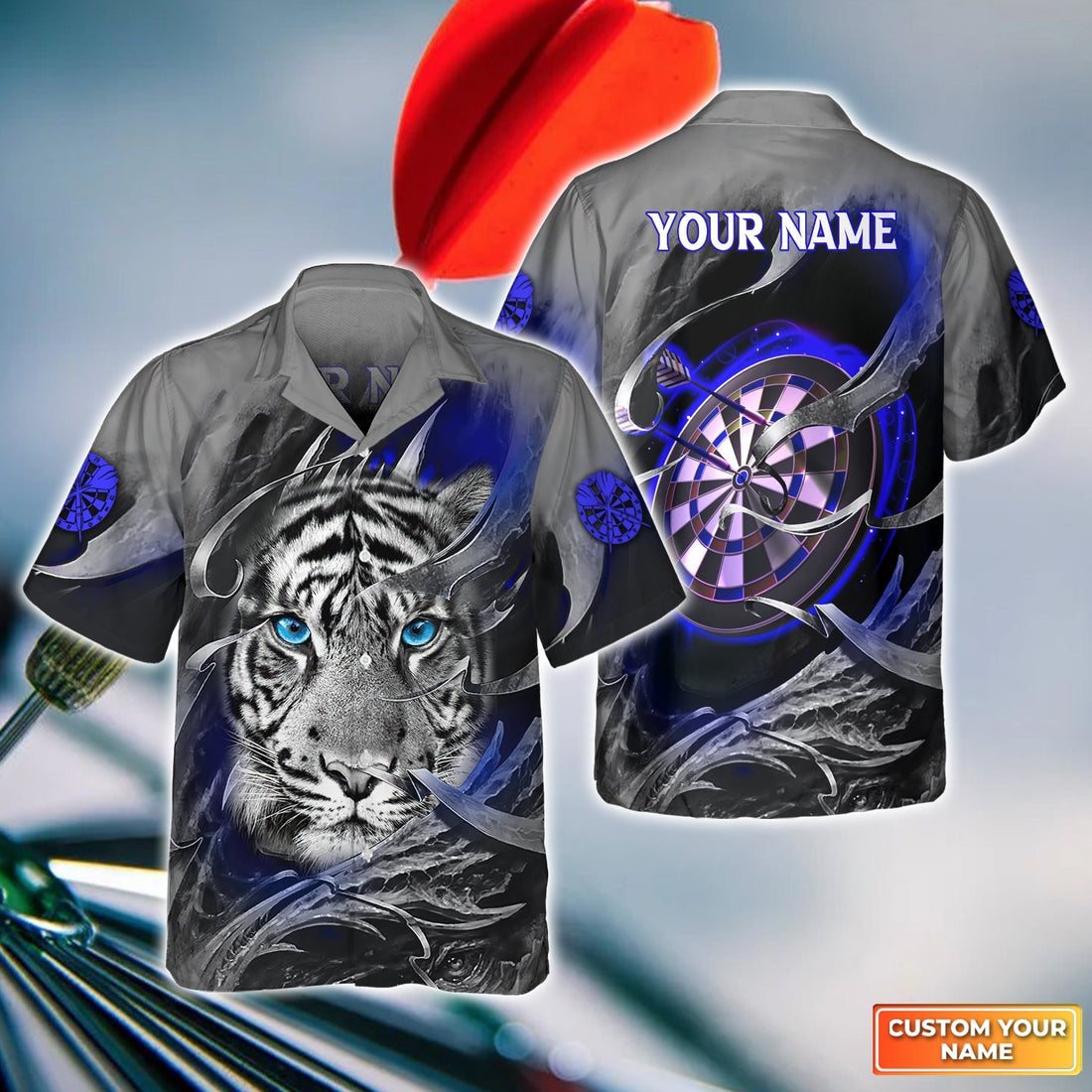 Blue Bullseye Dartboard Personalized Name & Team Name 3D Tiger And Darts Shirts For Dart Team Player