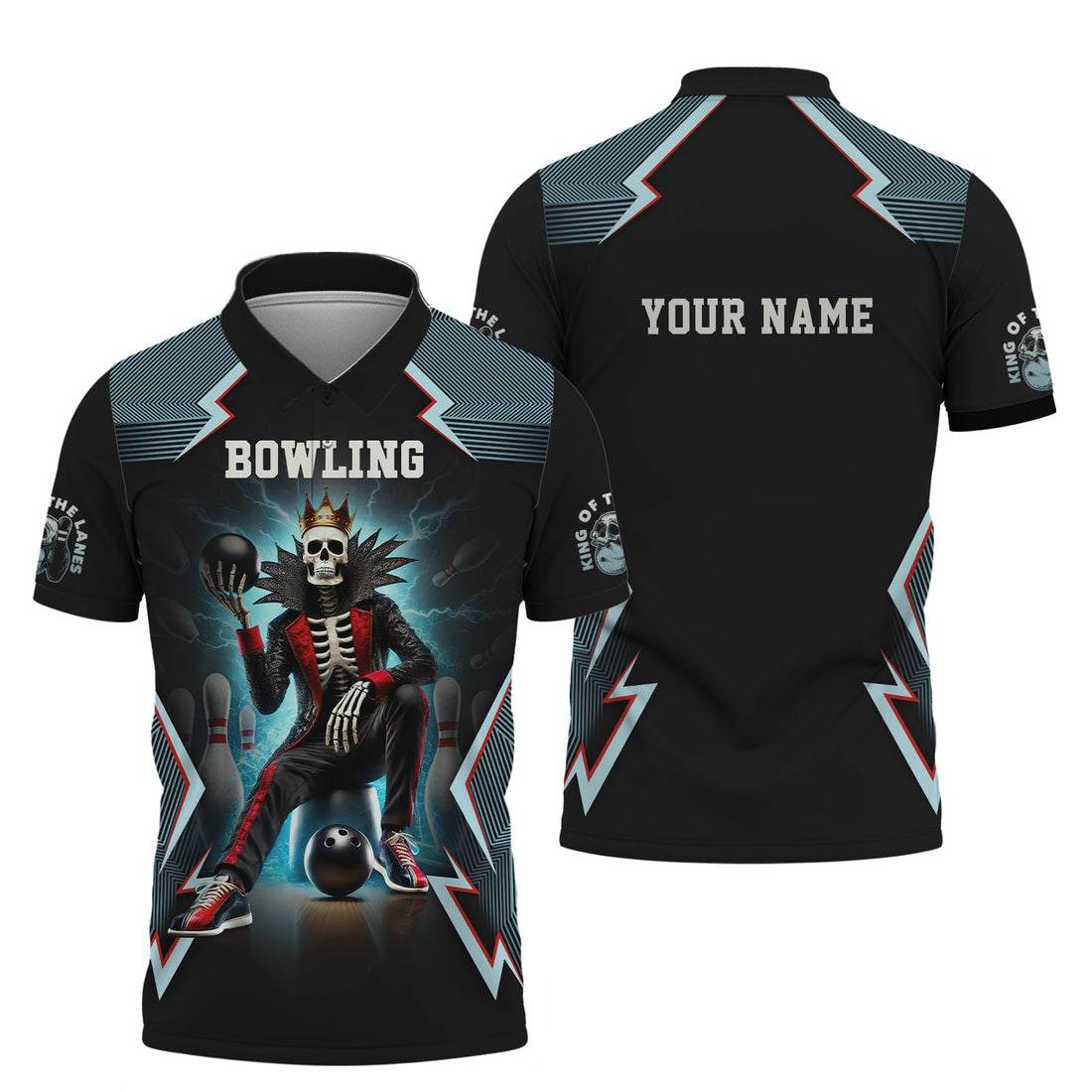 Skeleton King Bowling T Shirt Custom, Striking Lightning AOP Design, King Of The Lanes