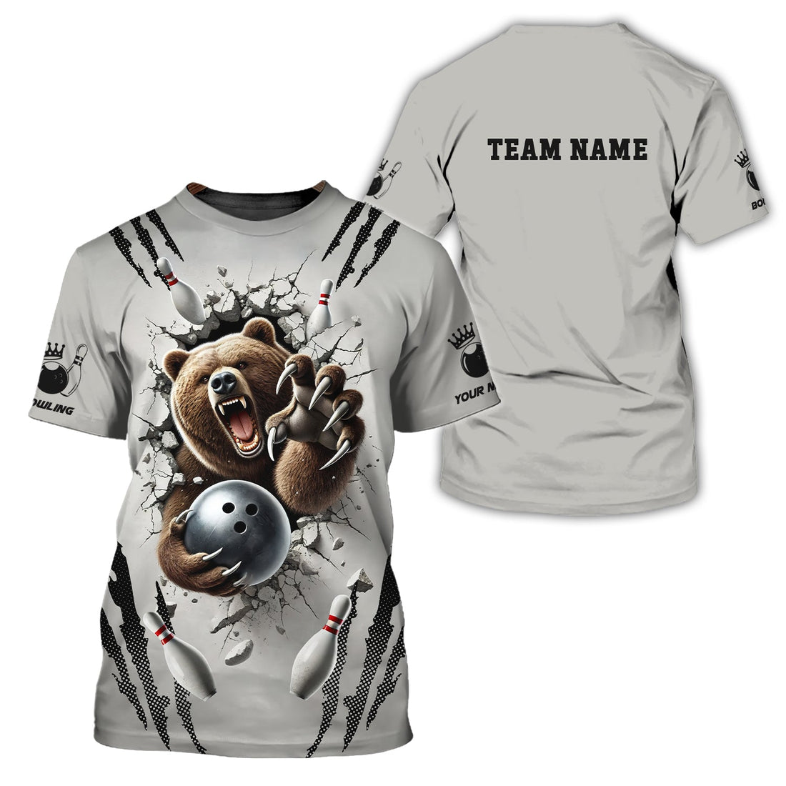 Custom Bear Bursting with Cracked Effect T Shirt, 3D Bowling Pin & Ball Design, Bowling Presents