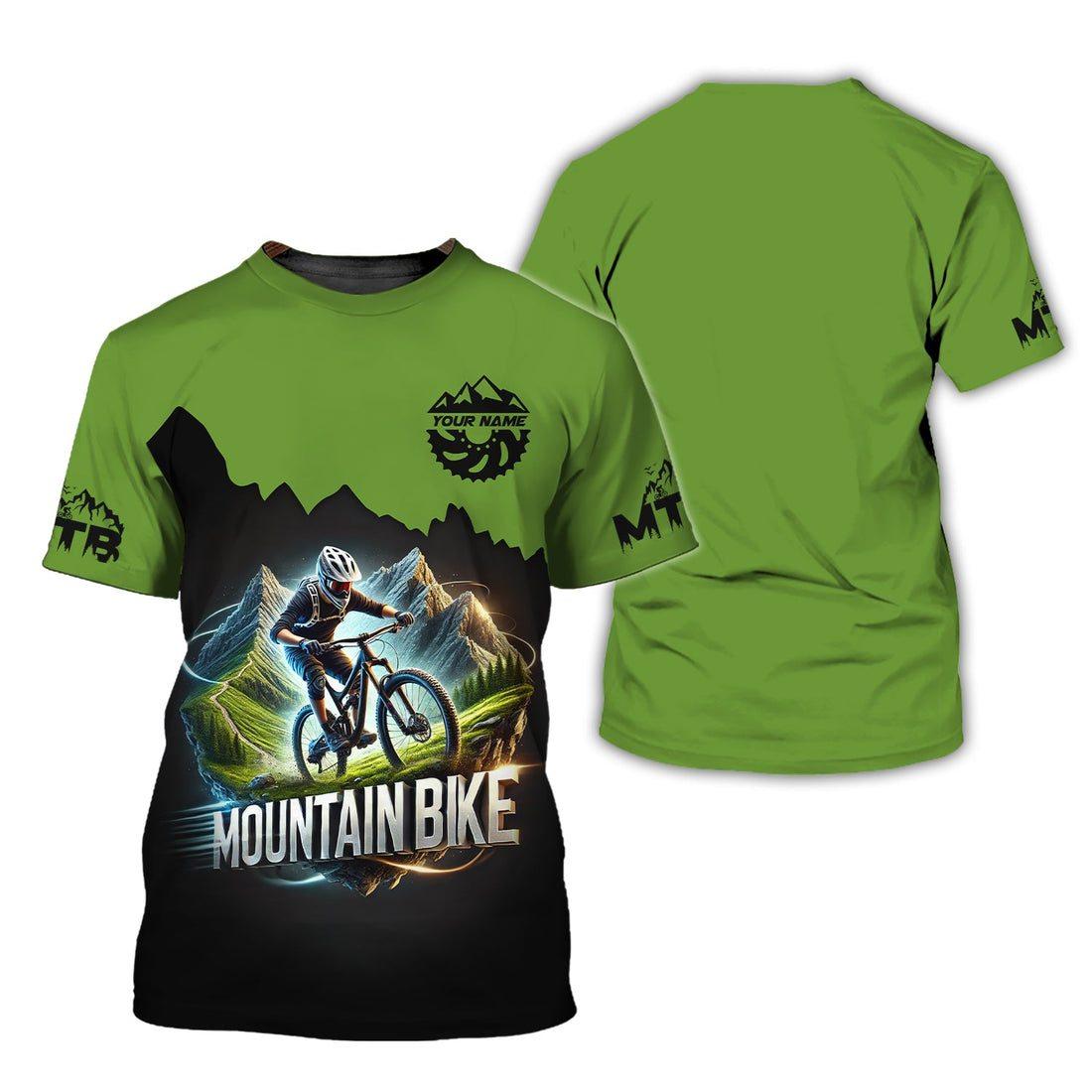 Green Speed Mountain Bike 3D T-Shirt Custom Name, Mountain Bike Polo Shirt, Lightweight Sportswear, Personalized MTB Apparel, Gift for Cyclists