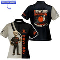 Front and back views of a custom mandarin-collar bowling jersey with skeleton graphic on the front and “Not Because I’m Good At It” slogan beneath a bowling ball and pins on the back.