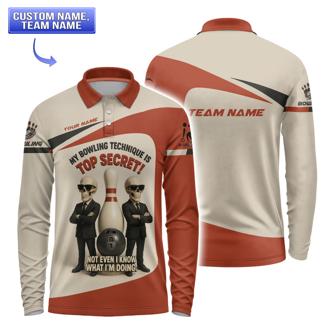 Front and back of a men’s short-sleeve bowling polo in red and beige, showing skeleton-agent graphic and “Top Secret” slogan on the front with customizable team name on the back.