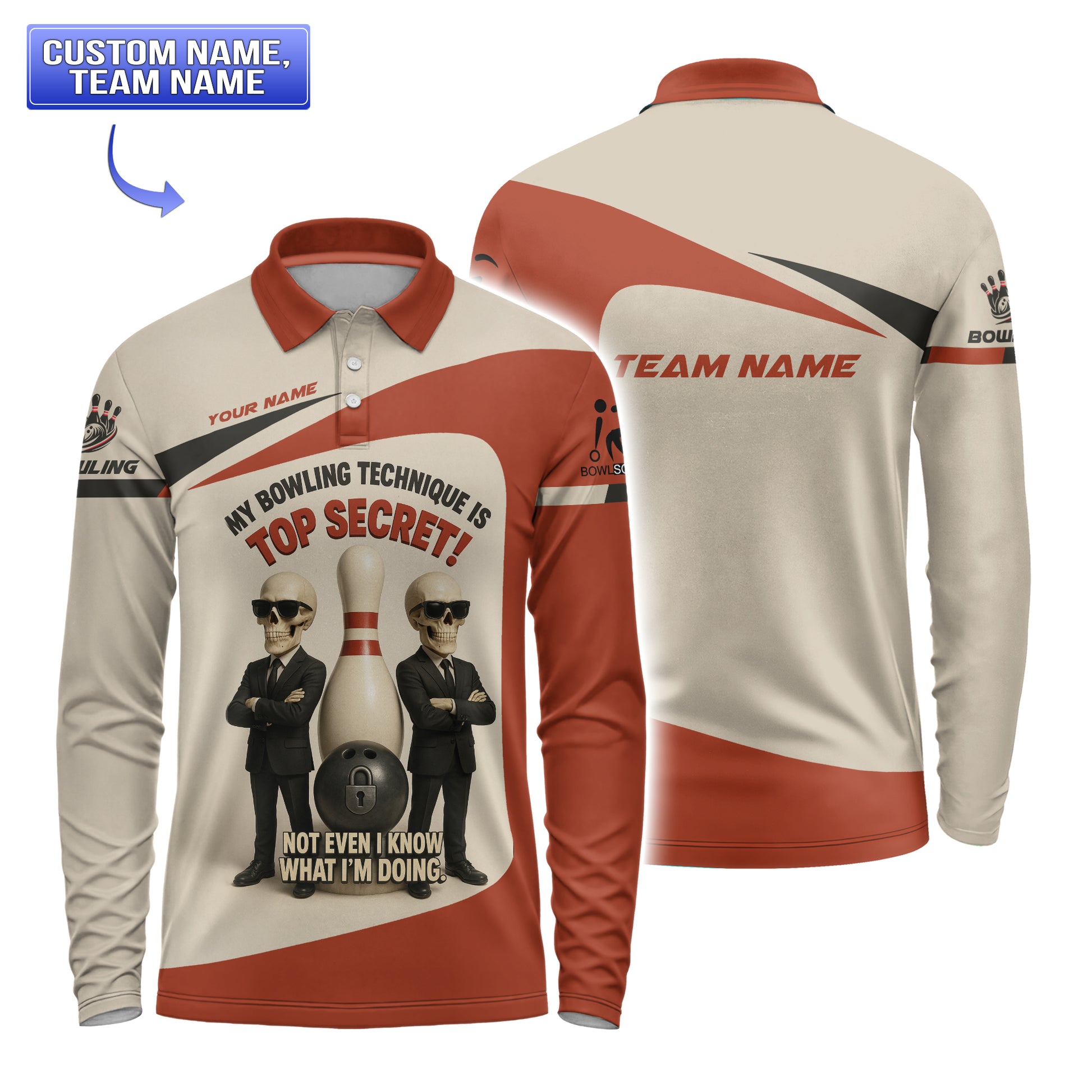 Front and back of a men’s long-sleeve bowling polo featuring the “Top Secret Technique” skeleton-agent illustration on the front and space for team name on the back.