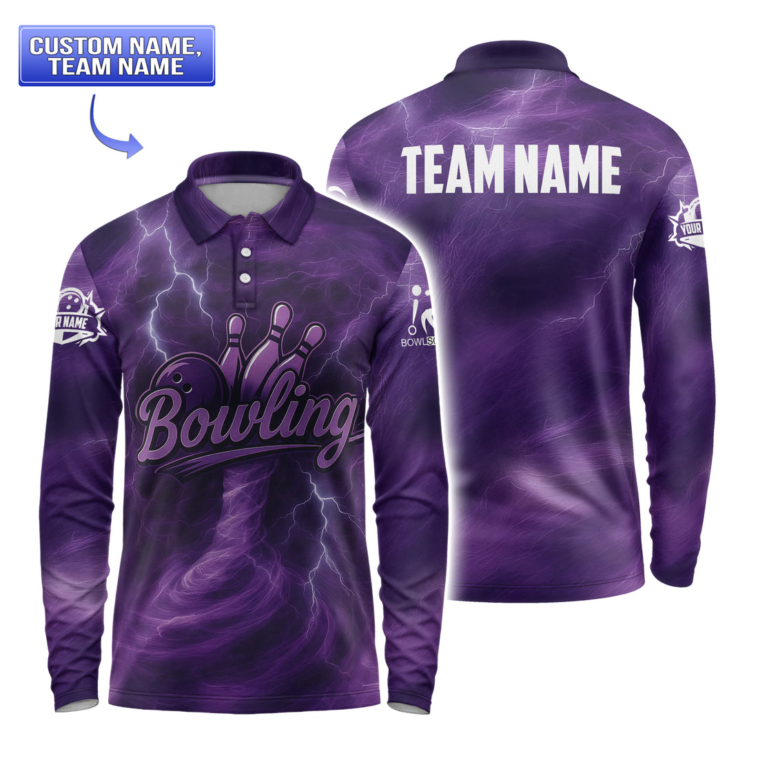 Back view of men’s short-sleeve purple lightning bowling polo with “TEAM NAME” across shoulders.