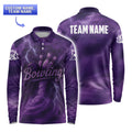 Back view of men’s long-sleeve purple lightning bowling polo showing “TEAM NAME” in bold white.