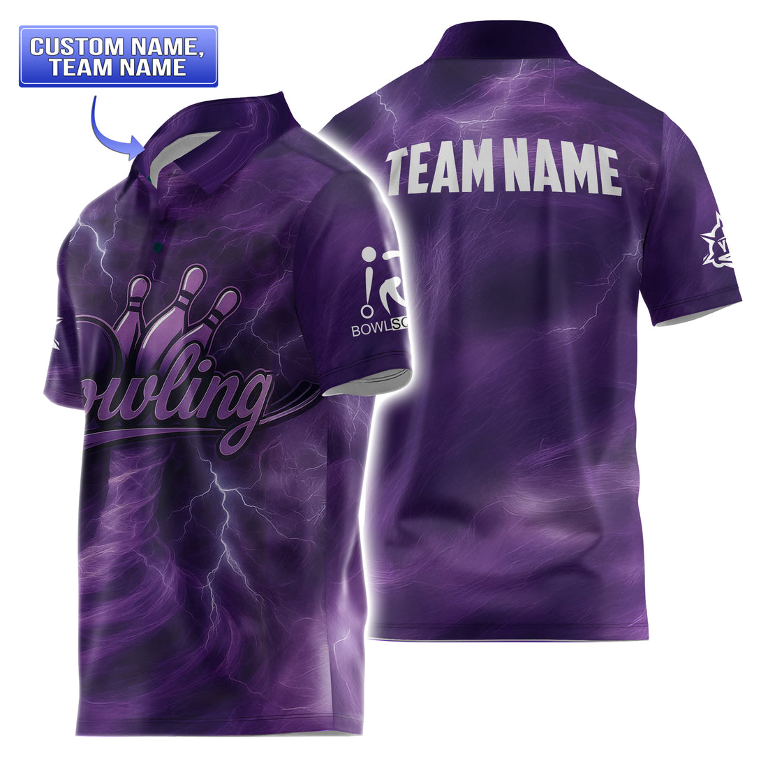 Back view of men’s short-sleeve purple lightning bowling polo with “TEAM NAME” across shoulders.