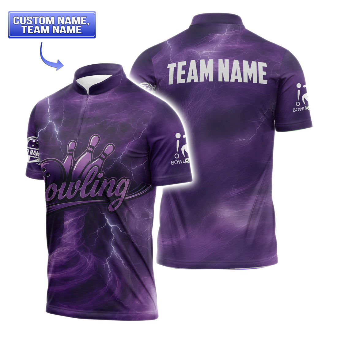 Front view of men’s short-sleeve purple bowling jersey featuring thunderstorm design and custom team logo on sleeve.