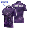 Front view of men’s short-sleeve purple bowling jersey featuring thunderstorm design and custom team logo on sleeve.