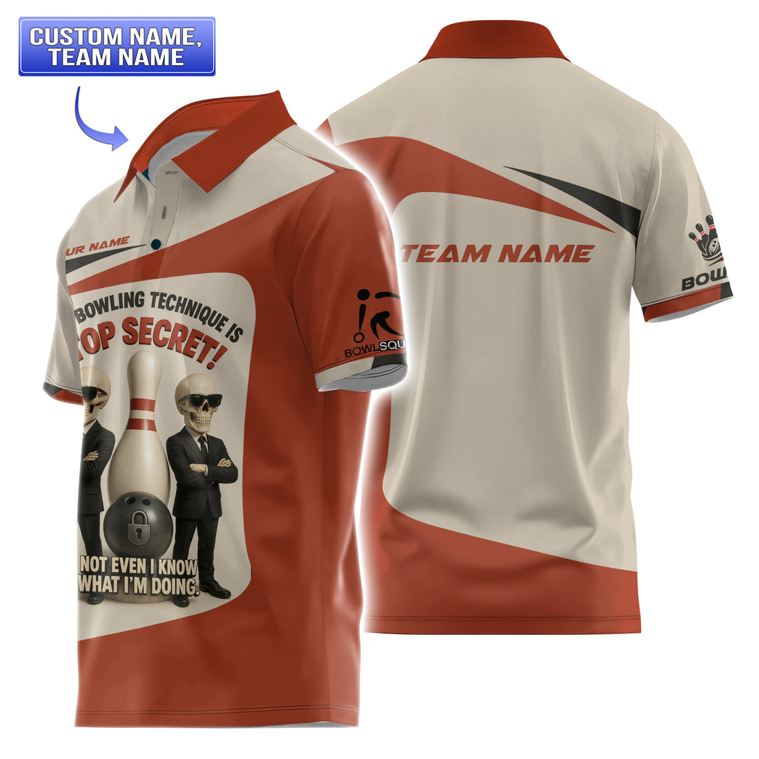 Front and back of a men’s short-sleeve bowling polo in red and beige, showing skeleton-agent graphic and “Top Secret” slogan on the front with customizable team name on the back.