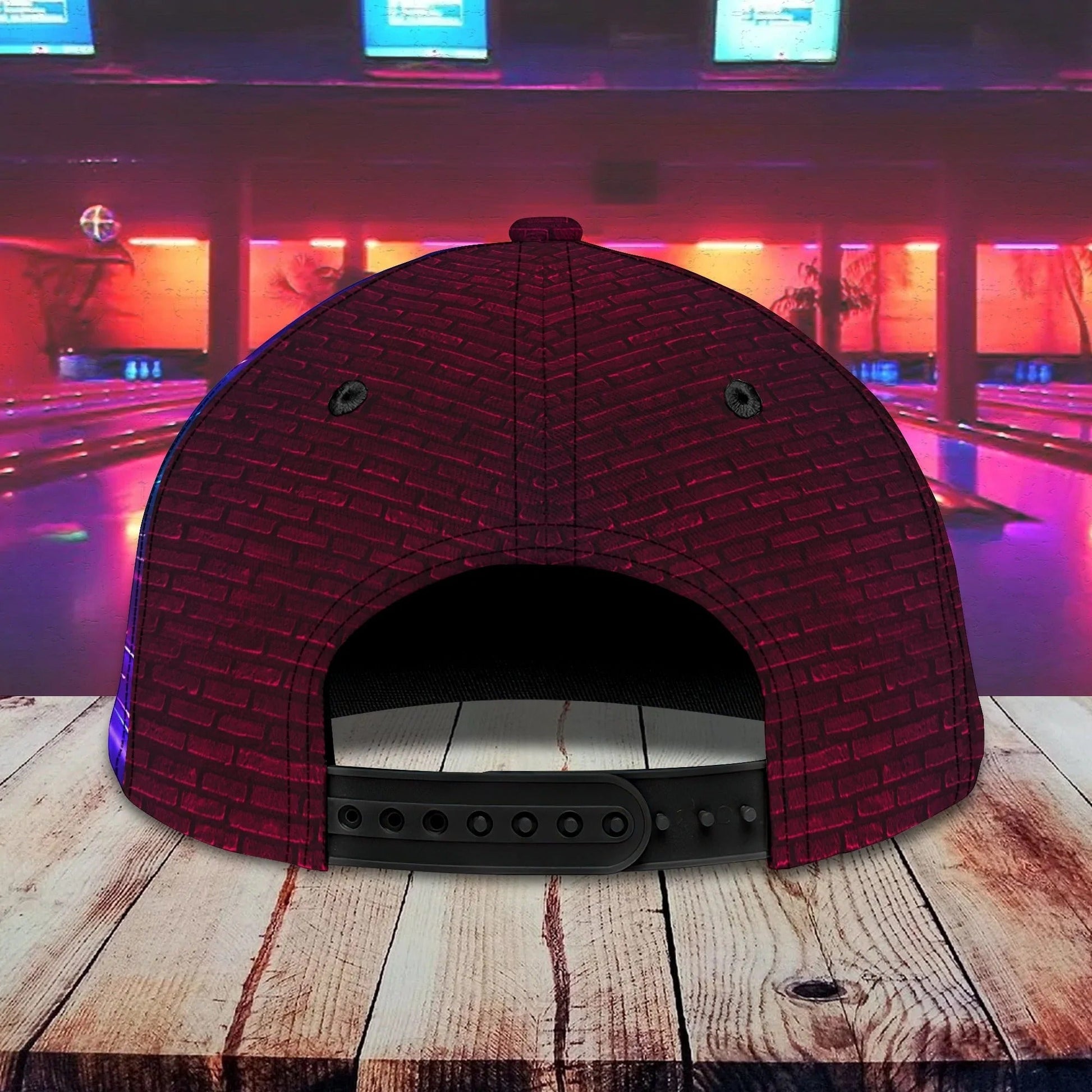 Back view of Neon Strike bowling hat showing solid brick-wall print and adjustable snap closure