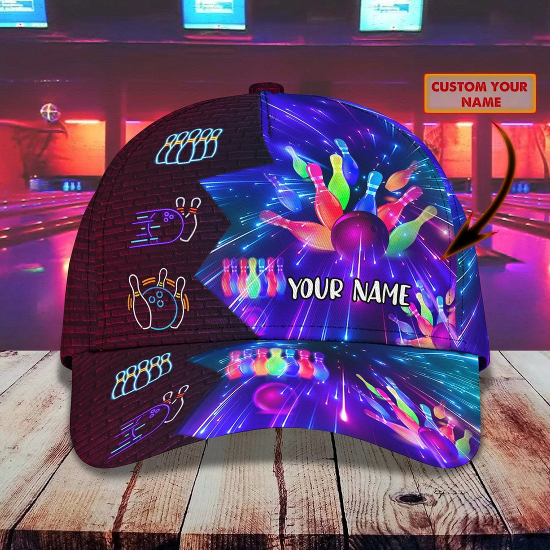 Front view of personalized Neon Strike bowling hat showcasing colorful neon pin explosion and custom name area