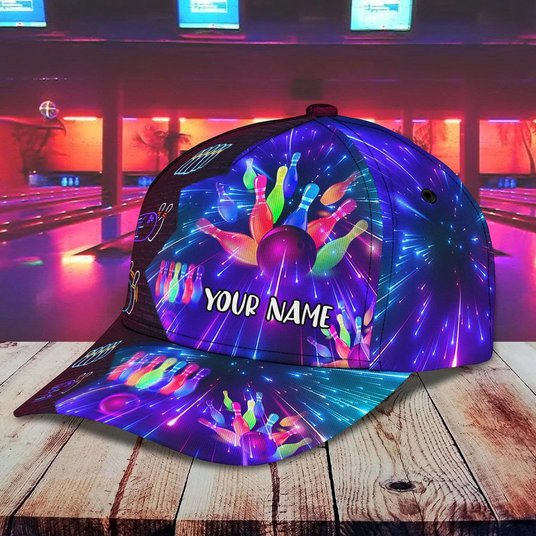 Front view of personalized Neon Strike bowling hat showcasing colorful neon pin explosion and custom name area
