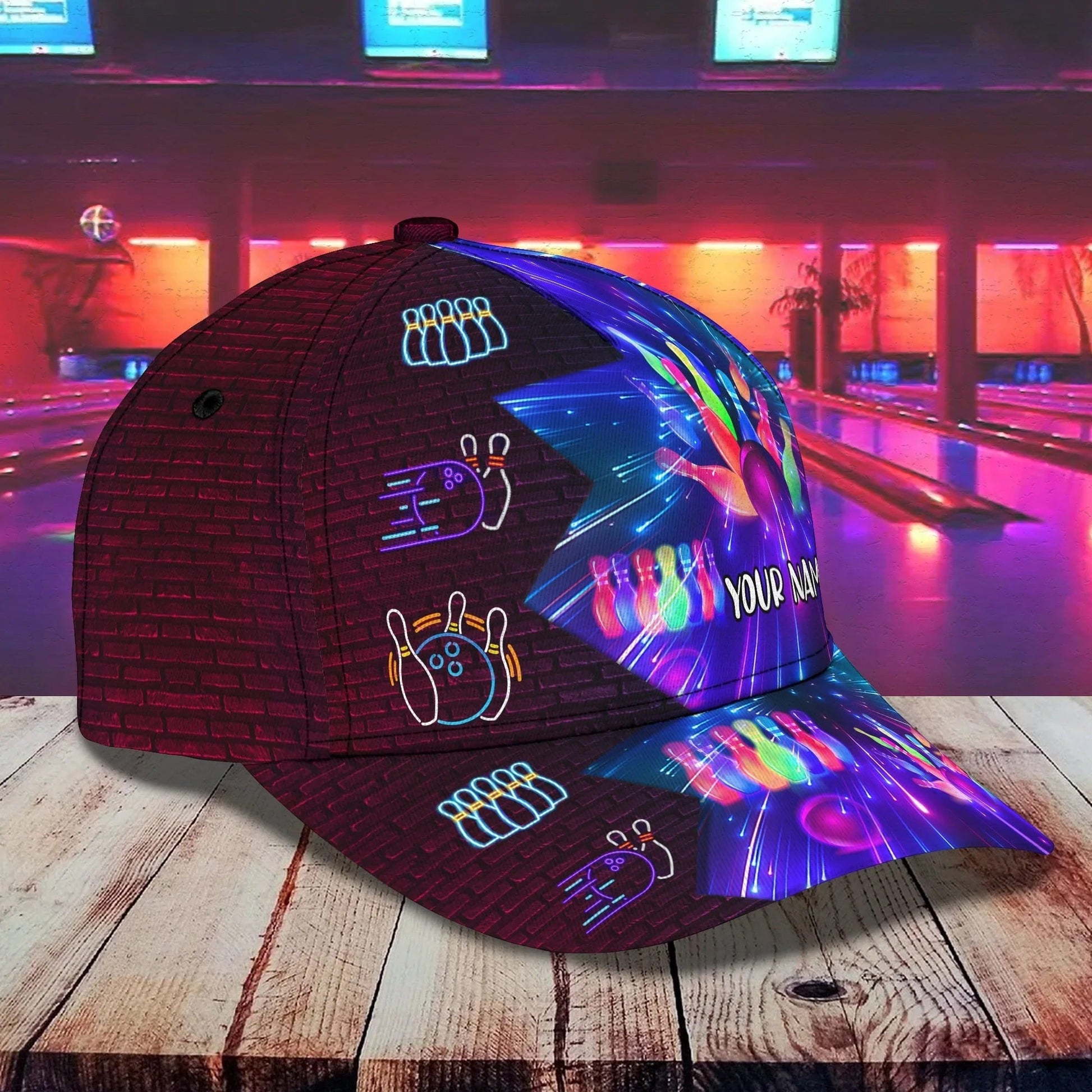 Right side of snapback hat with neon streak pin-burst graphic and glowing bowling ball silhouette