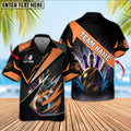 Front and back views of black bowling shirt with orange lightning-bolt accents, personalized name on chest and team name across the back