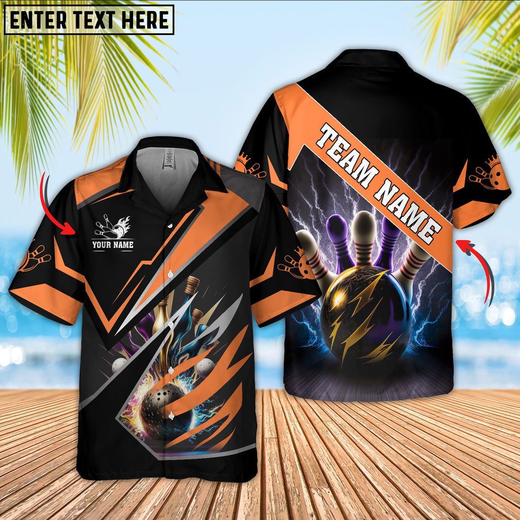 Front and back views of black bowling shirt with orange lightning-bolt accents, personalized name on chest and team name across the back