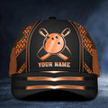 Front view of a black custom bowling cap with a neon orange bowling ball and pins design, personalized with your name