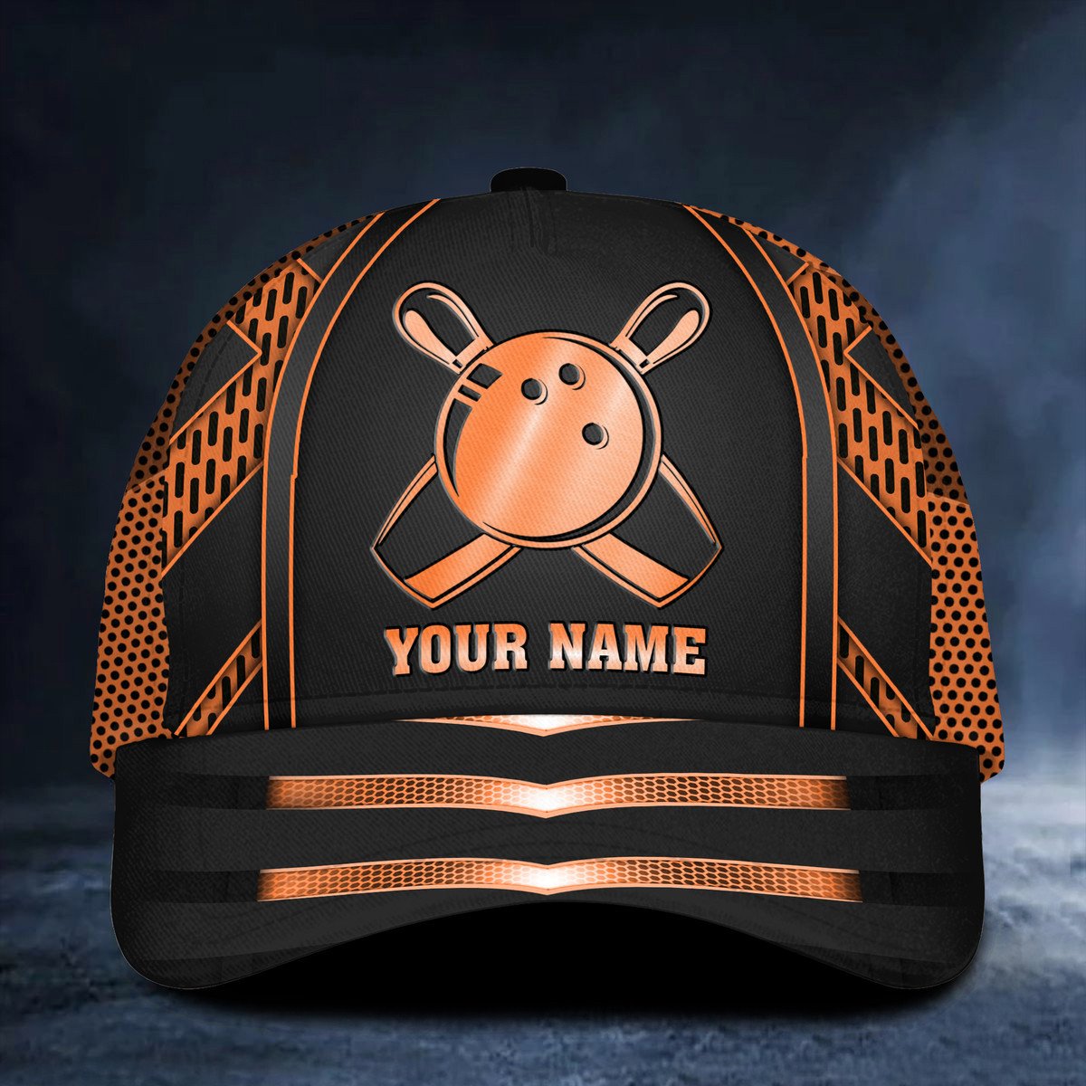 Front view of a black custom bowling cap with a neon orange bowling ball and pins design, personalized with your name