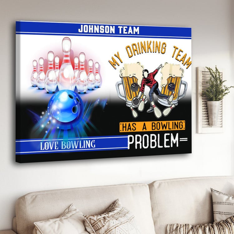 Personalized Bowling Canvas Print showing bowling and beer-themed designs with custom team name